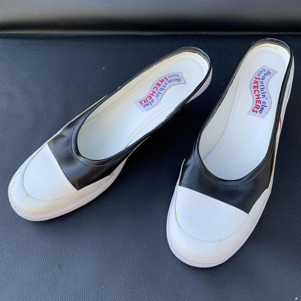 Vintage Skechers Shoes Women 8 Black White Red Sneaker Slide on Kitten Heel Mule